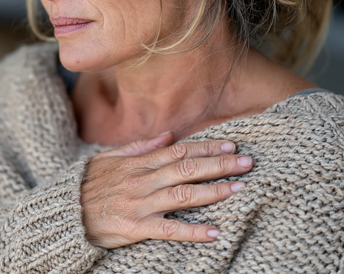 A woman in a knit sweater resting her hand flat on her chest, taking a slow breath.