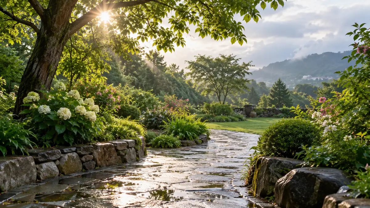 A stone garden path wet with rain, hydrangeas along the wall, sunlight breaking through the trees.