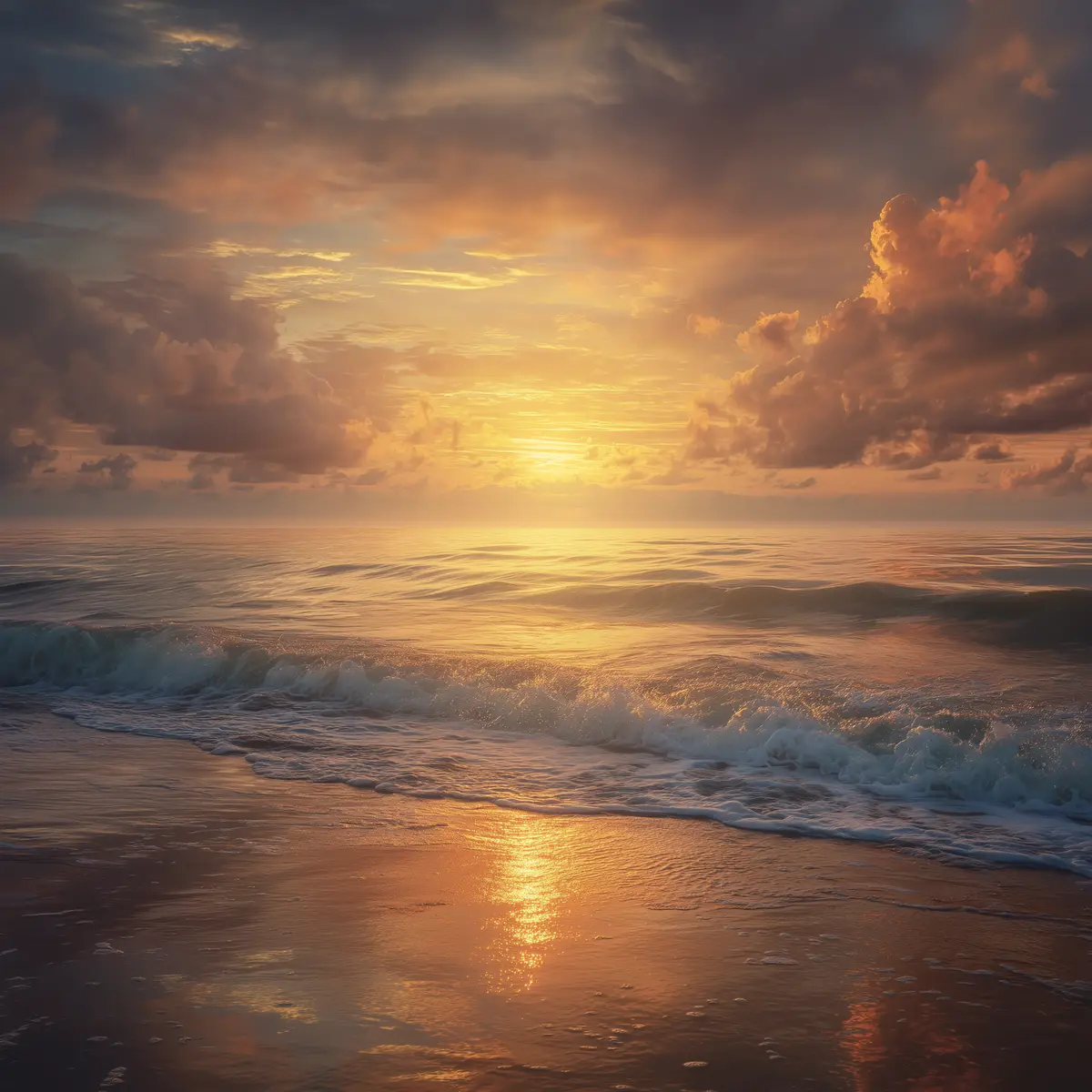 The sun rising over the ocean, gold light breaking through clouds above the waves.