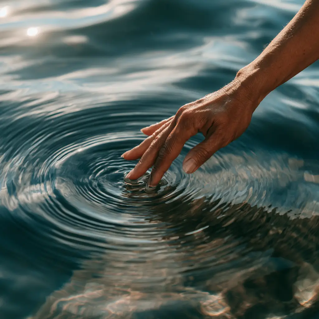 A hand trailing its fingertips in calm water, ripples spreading out in the sunlight.