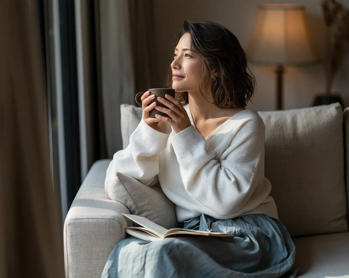 A woman curled on a sofa by a window with a mug in both hands and an open journal on her lap.