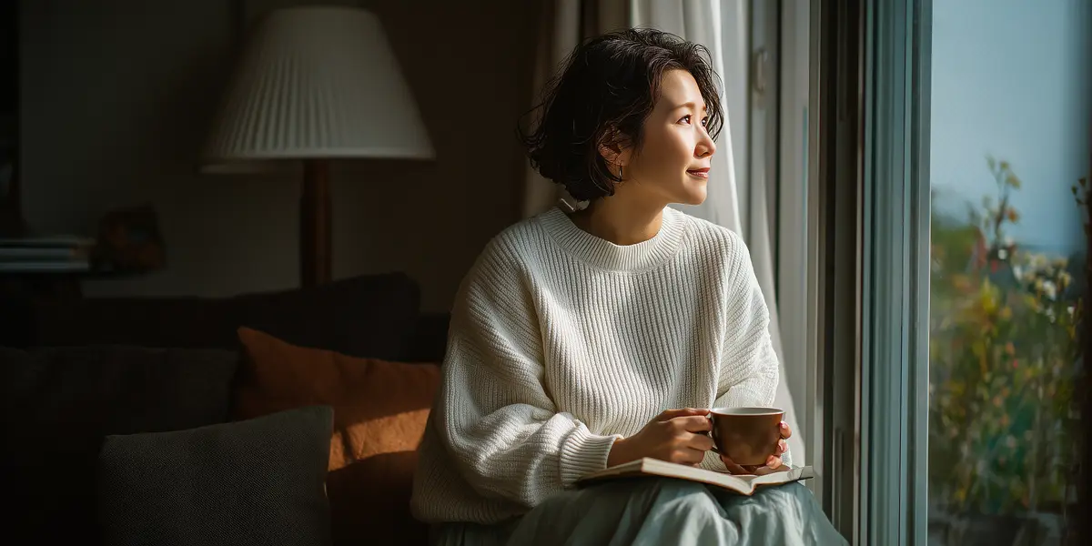 A woman in a white sweater holding a mug by a window, looking out at the garden, a lamp glowing behind her.
