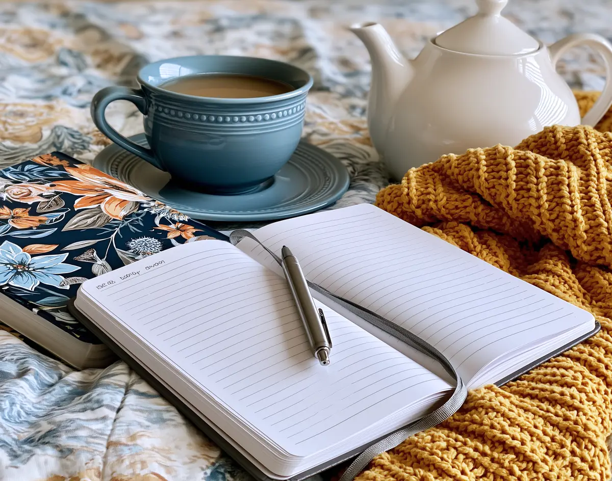 An open journal with a pen on a mustard knit blanket, a blue mug of tea and a white teapot beside it.