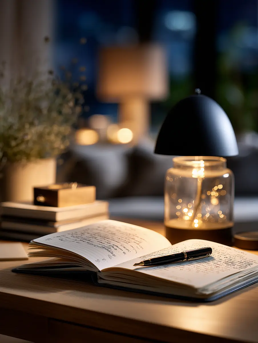 An open journal and pen on a desk at night, lit by a small lamp and a jar of fairy lights.