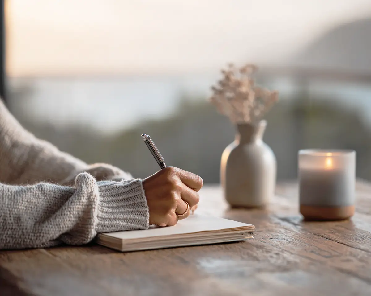 A woman writing in a journal at a wooden table by a window that looks out over the sea.