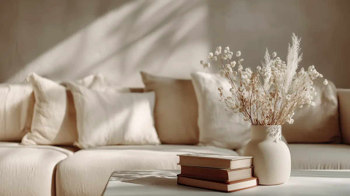 A calm cream sofa with linen cushions, a vase of dried flowers and a few books in soft light.