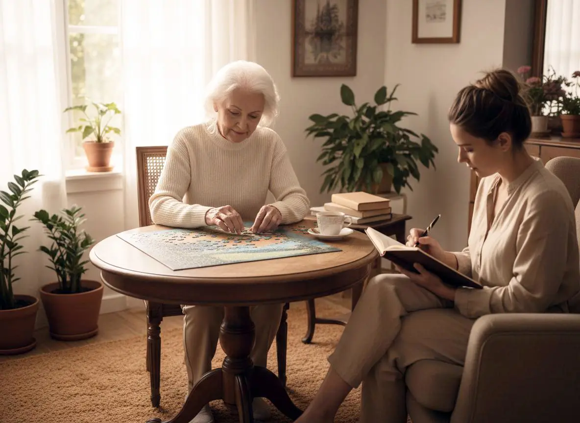 A caregiver writing in a notebook while an older woman works on a puzzle at a small table by the window.