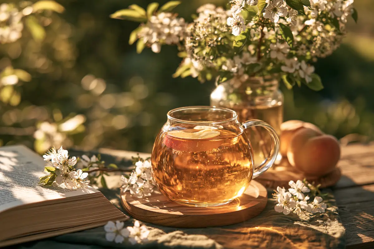 A glass mug of peach tea on a wooden coaster beside an open book, with white blossom and two peaches in evening sunlight.
