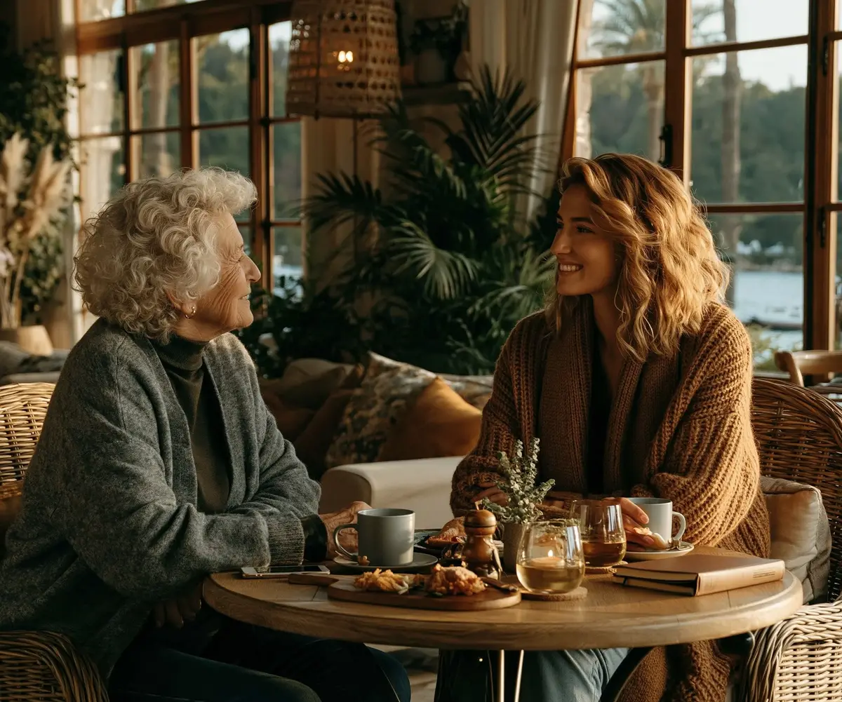 An older woman and a younger woman talking over tea and pastries at a sunlit table.