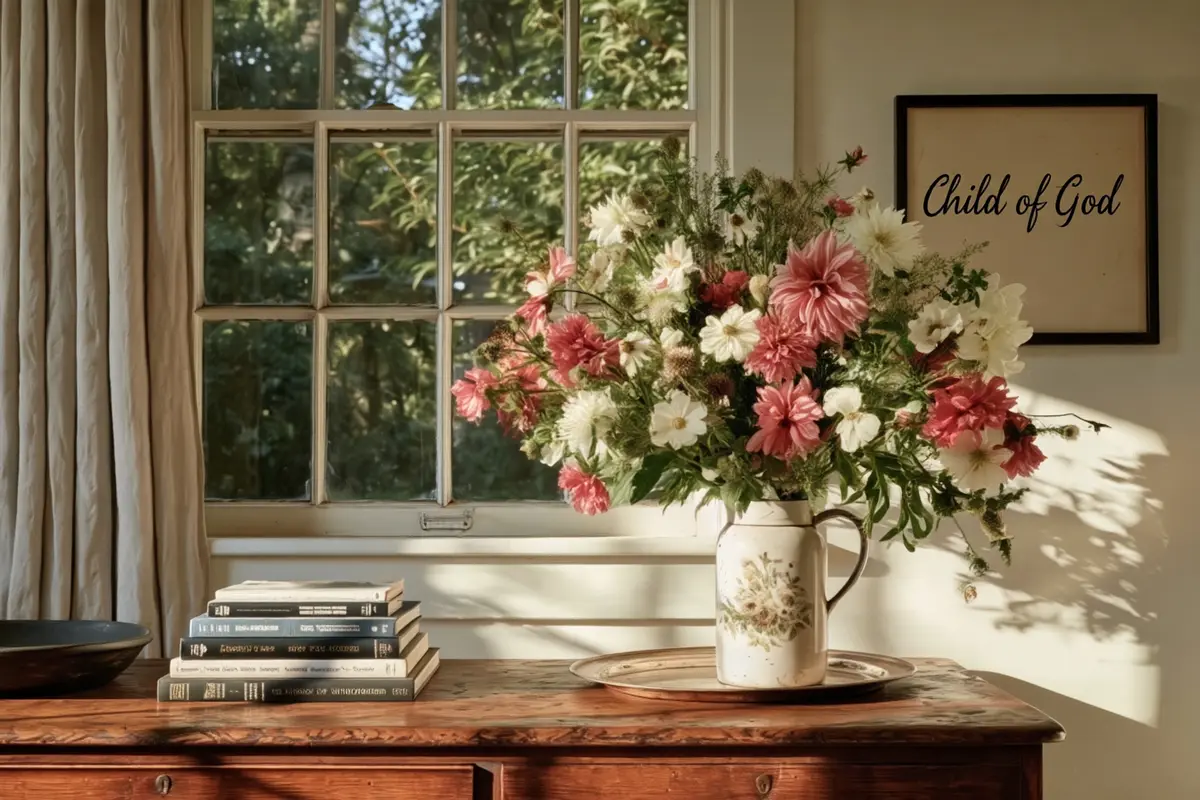 A jug of pink and white dahlias and cosmos on a wooden sideboard by a sunny window, a stack of books beside it and a framed sign reading Child of God.
