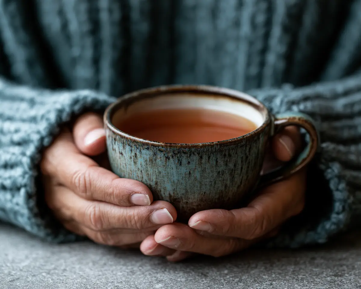 Two hands in a grey knit sweater cupping a warm mug of tea.