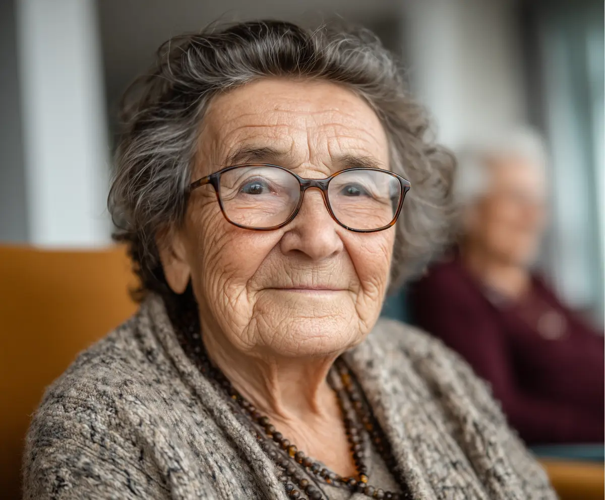 An older woman in glasses smiling warmly, a companion seated behind her.