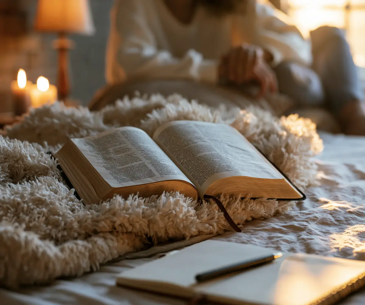An open Bible and a notebook with a pen on a fleece blanket beside a lit candle and a lamp.
