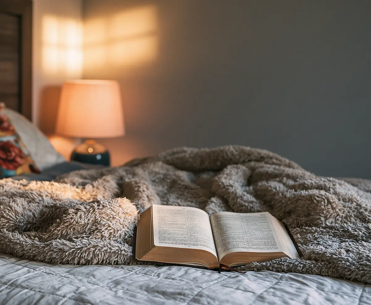 An open Bible on a fleece blanket on an unmade bed, a bedside lamp glowing in the early morning.