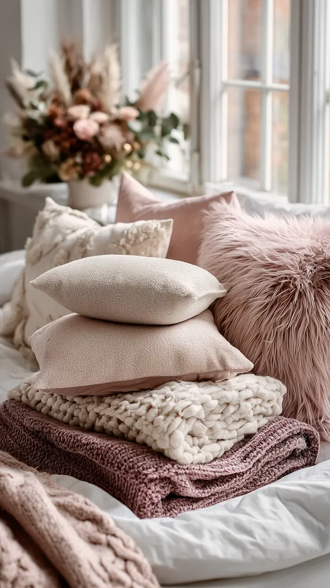A stack of soft pink and cream pillows and folded blankets on a bed by a bright window.