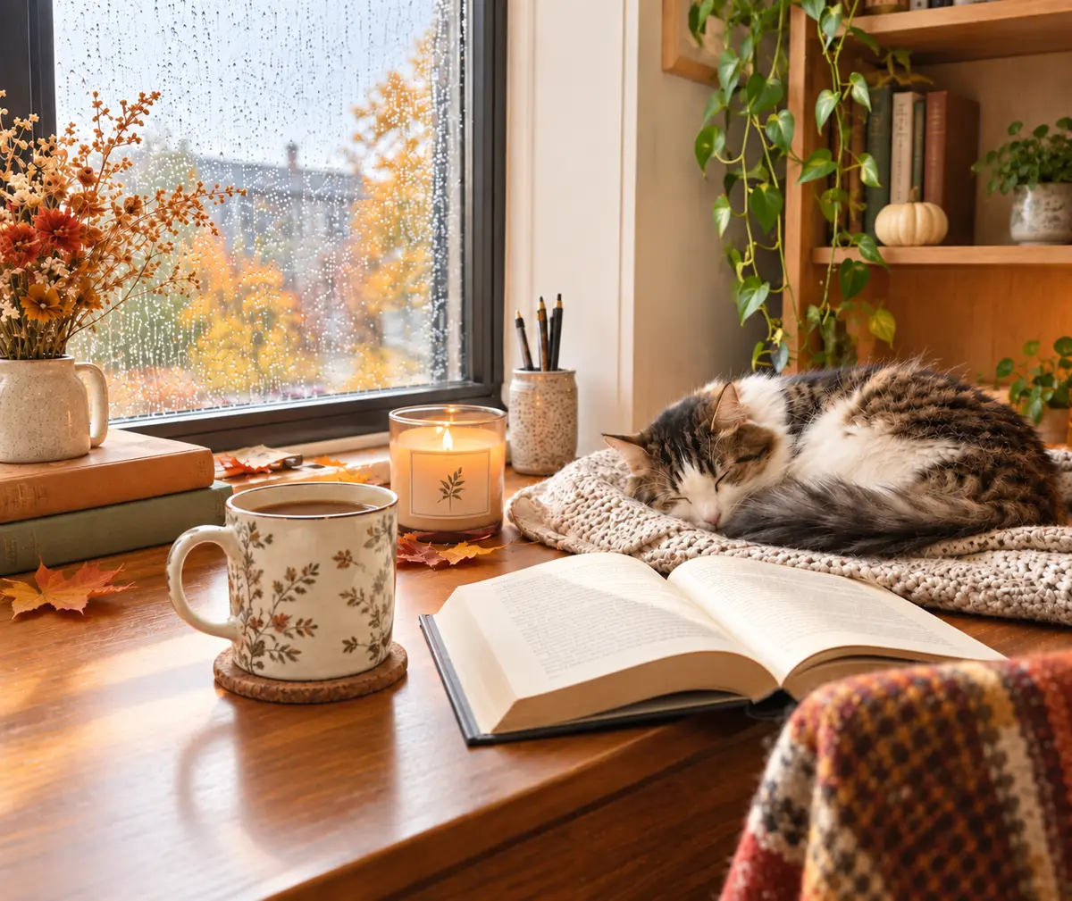 A cat asleep on a plaid blanket by a rainy autumn window, beside an open book, a mug of tea and a candle.