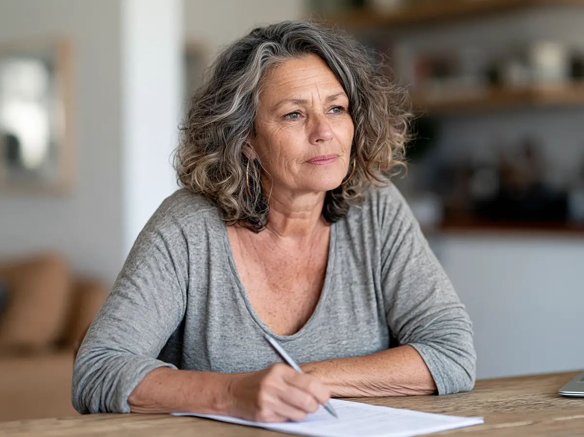 A grey-haired woman at a kitchen table, pen in hand, pausing over a letter.