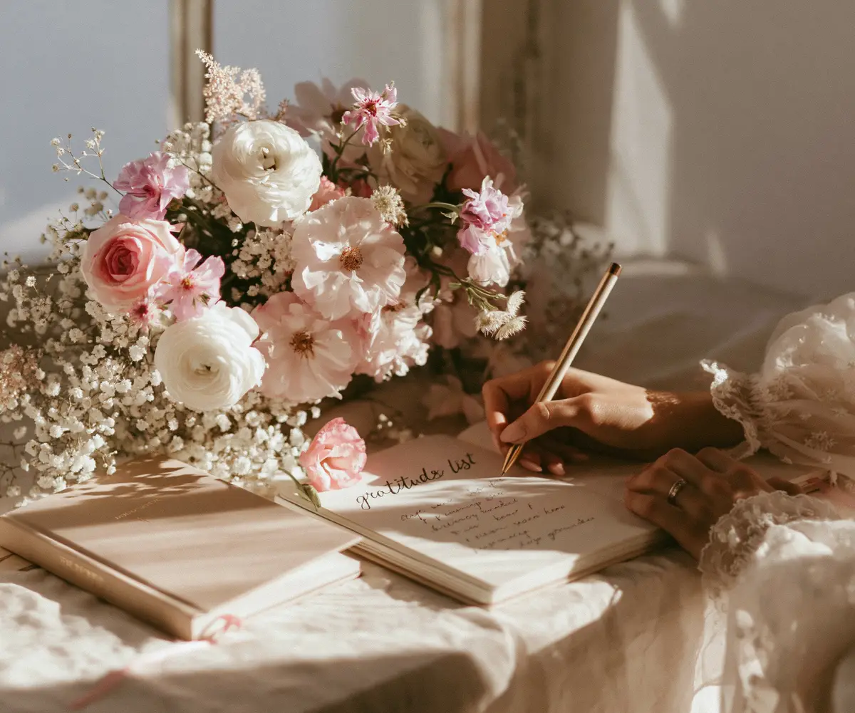 A hand writing a gratitude list in a journal beside a bouquet of pink roses, ranunculus and baby's breath in soft light.