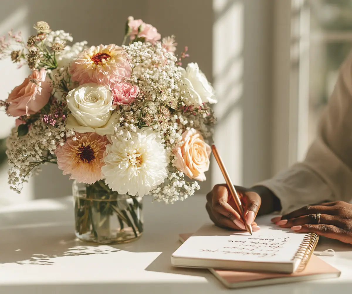 A hand writing in a spiral notebook beside a vase of pink and white flowers in soft daylight.