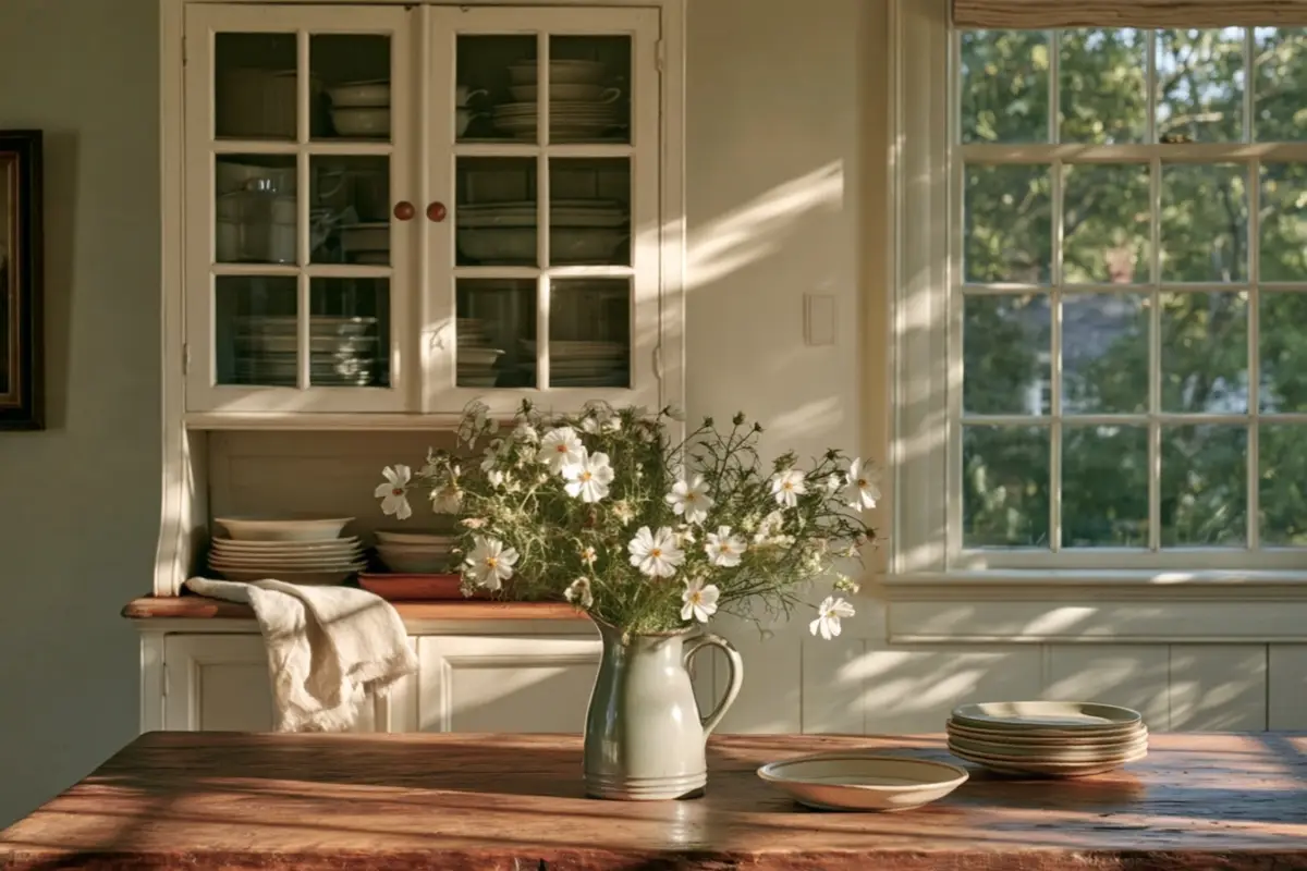 A jug of white cosmos on a wooden kitchen table in low sunlight, a china cabinet and a bright window behind.