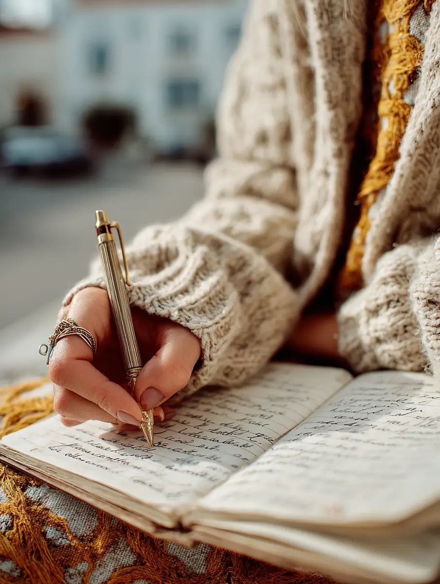 A hand in a cream knit sleeve writing in a journal, a mustard blanket over her lap.