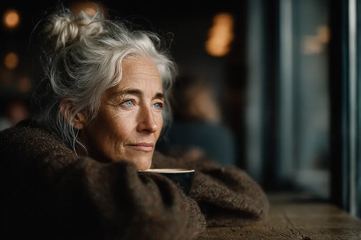 An older woman with grey hair holding a mug, gazing into the distance.