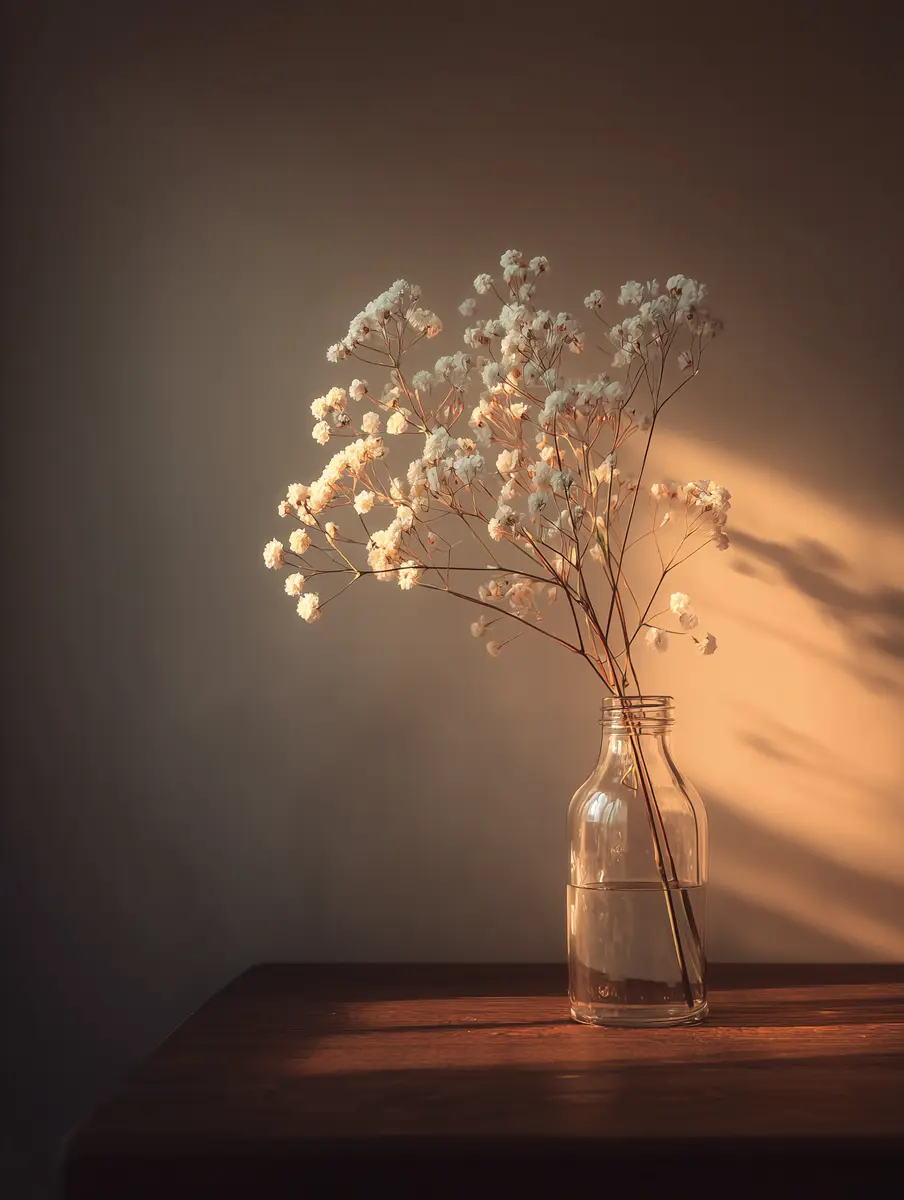 A slender glass vase of dried white flowers on a wooden table in low, warm light.