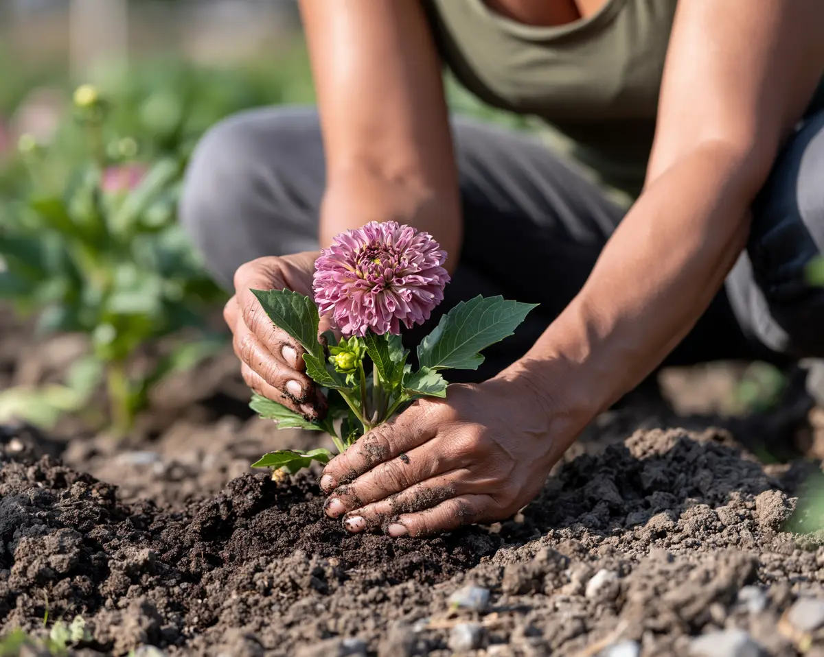 Two hands settling a pink dahlia into dark garden soil.