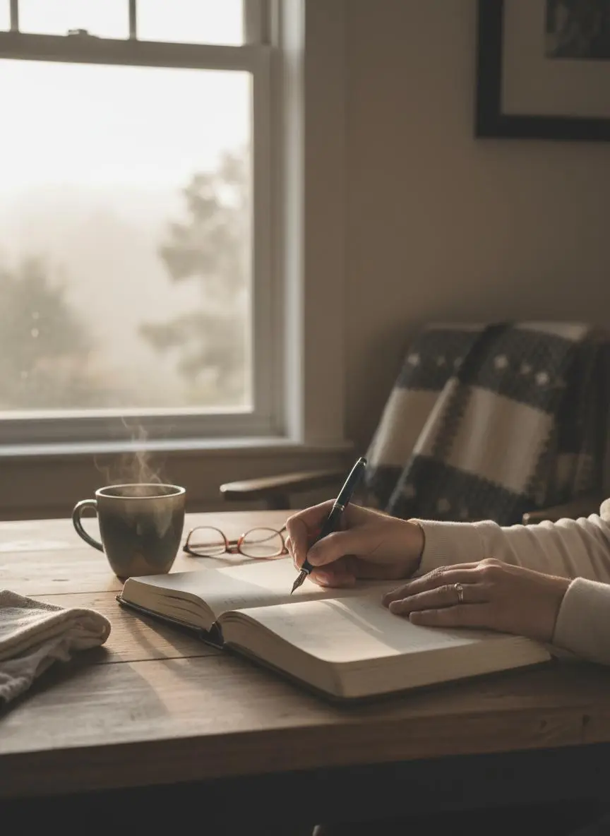A hand writing in a journal at a table by a foggy window, coffee steaming beside it.