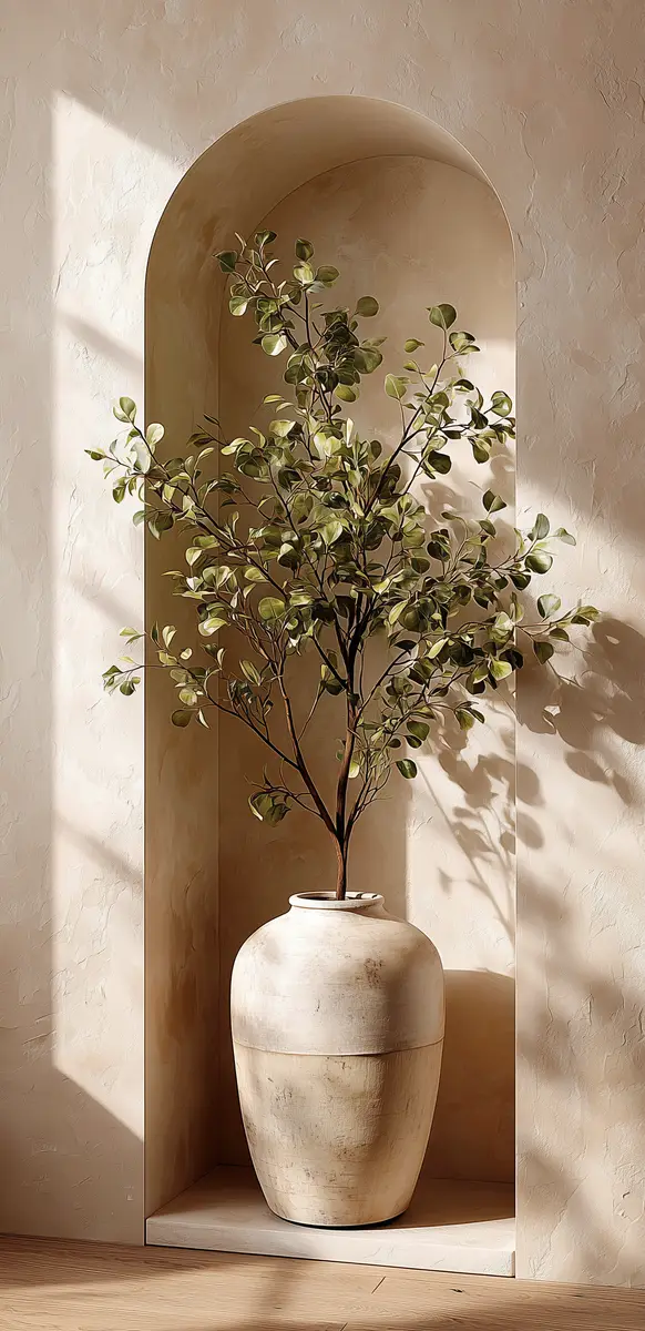 A small tree growing in a ceramic pot, set in a sunlit plaster alcove.