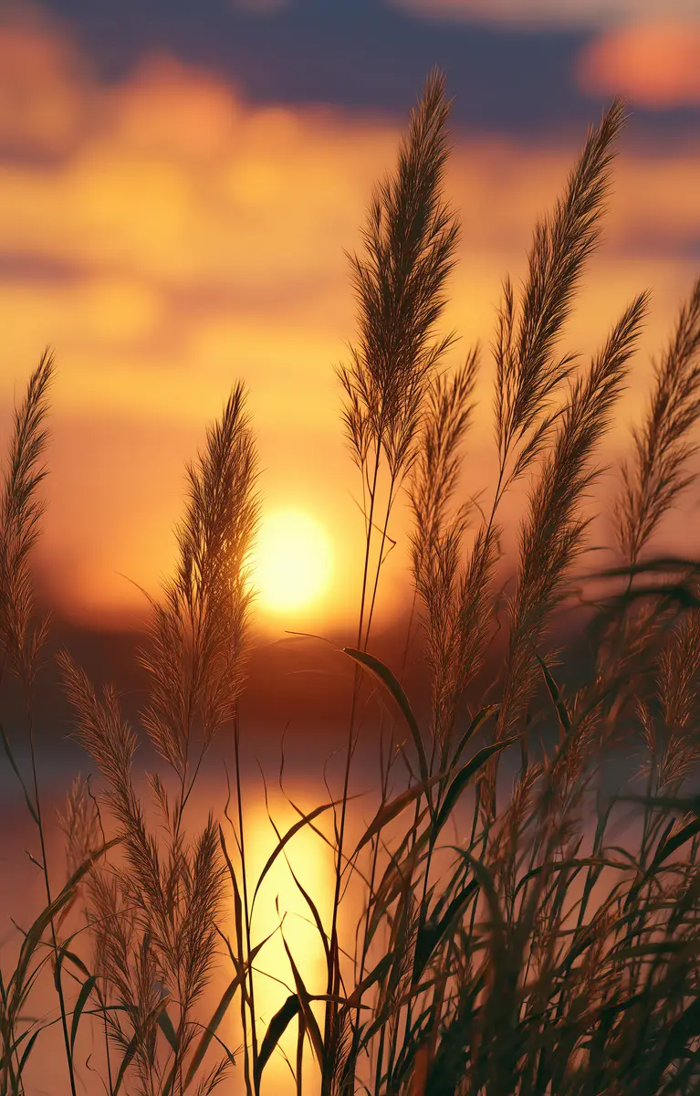 Tall grasses against an orange sunset sky.