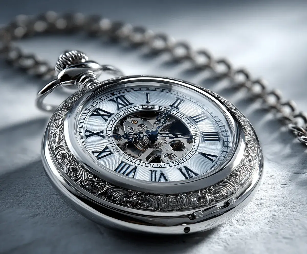 A silver pocket watch on its chain, resting on a pale surface.