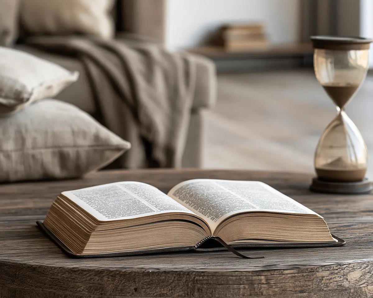 An open Bible on a wooden coffee table beside an hourglass, a sofa with linen cushions behind.