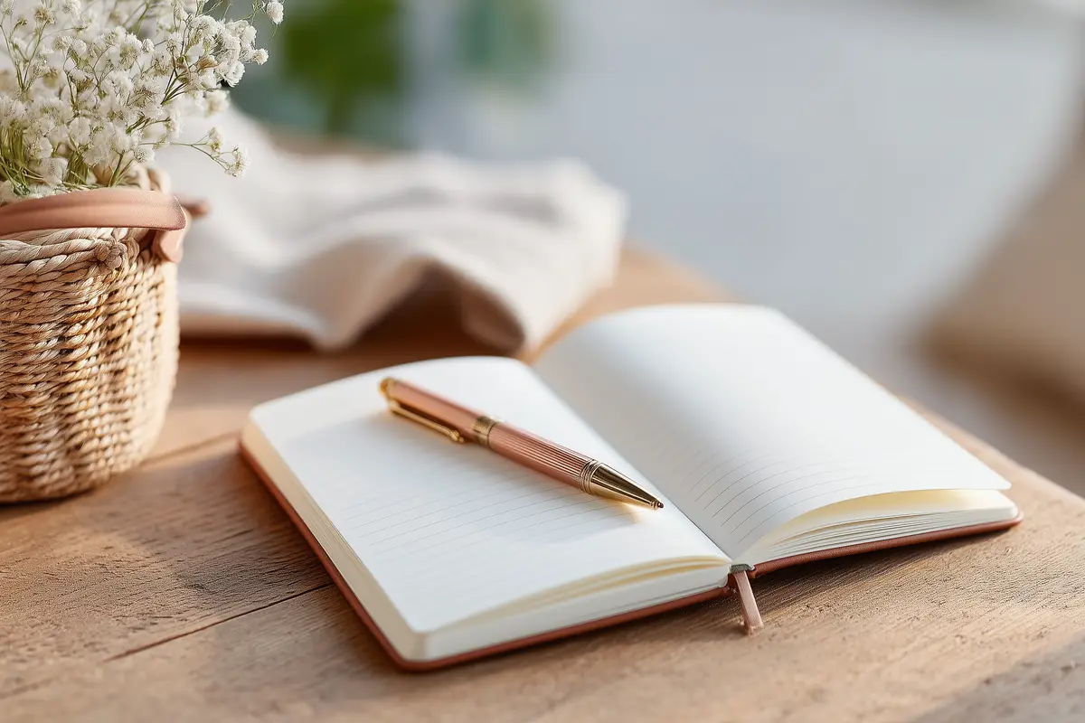 An open blank notebook with a rose-gold pen on a wooden table, a sprig of white flowers beside it.