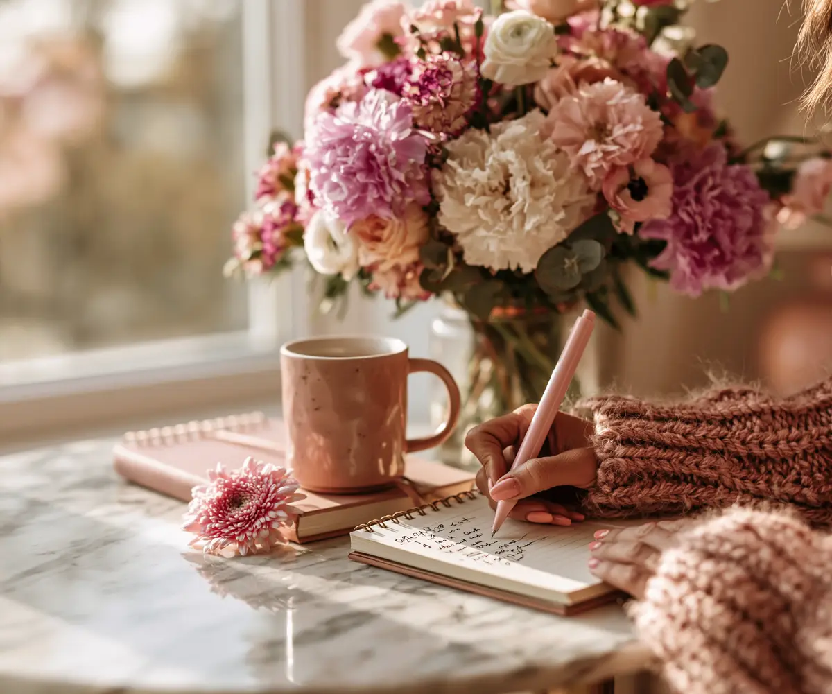 A hand writing in a spiral notebook at a marble table, a pink mug and a bouquet of carnations in the window light.