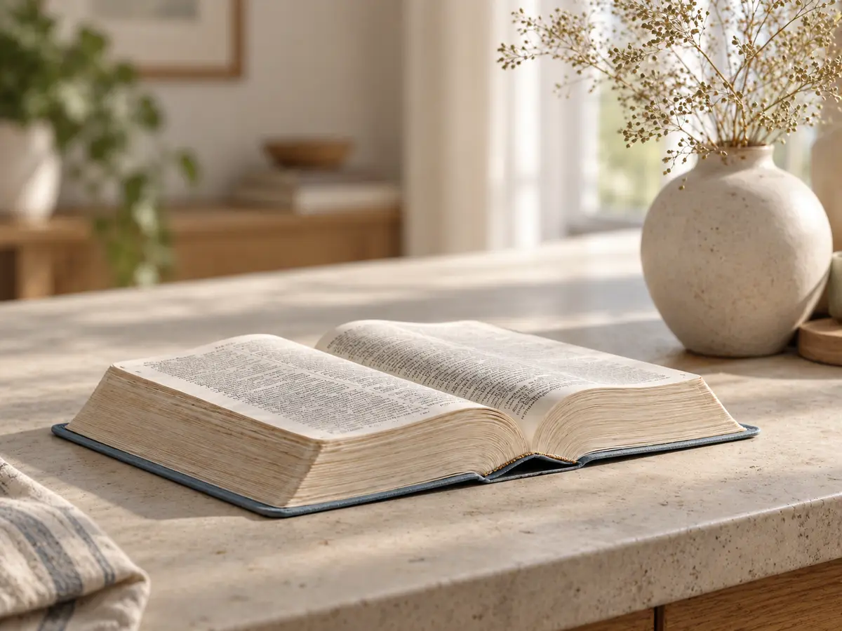 An open Bible on a pale stone counter beside a vase of dried flowers, sunlight from a window behind.