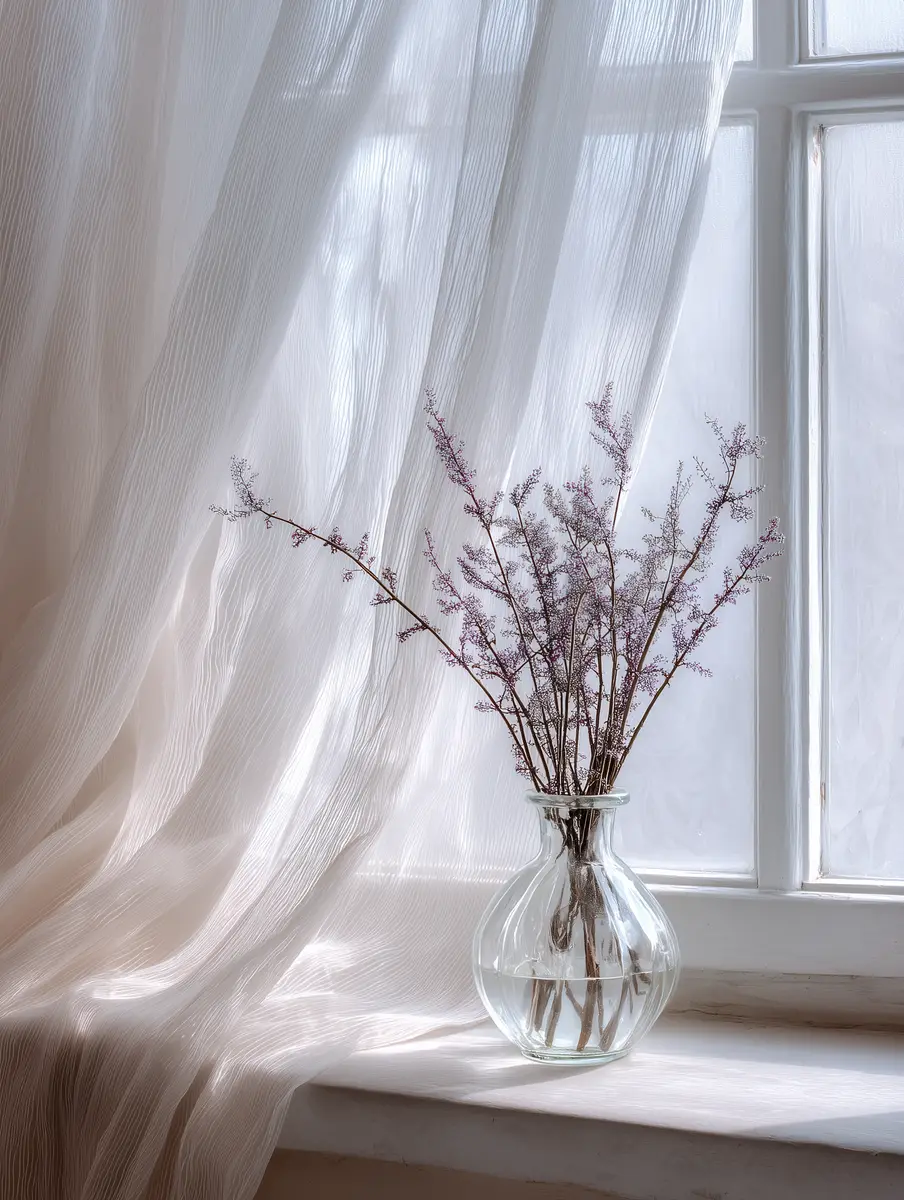A glass vase of dried lavender on a windowsill beside a sheer white curtain.