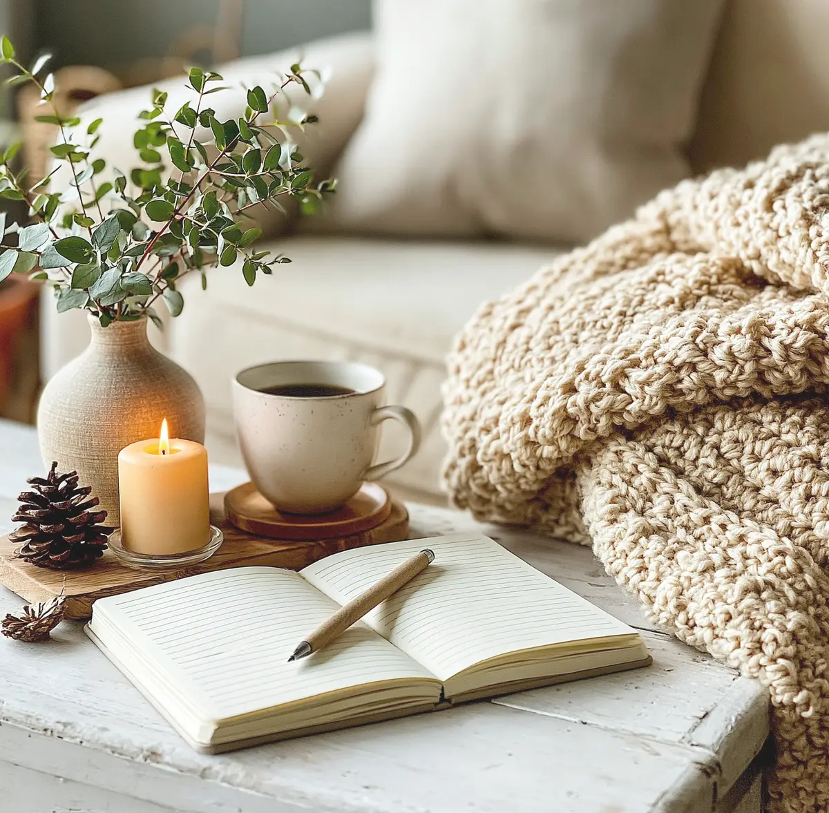 An open journal and pen on a white table with a mug of coffee, a lit candle, eucalyptus and a knit blanket.