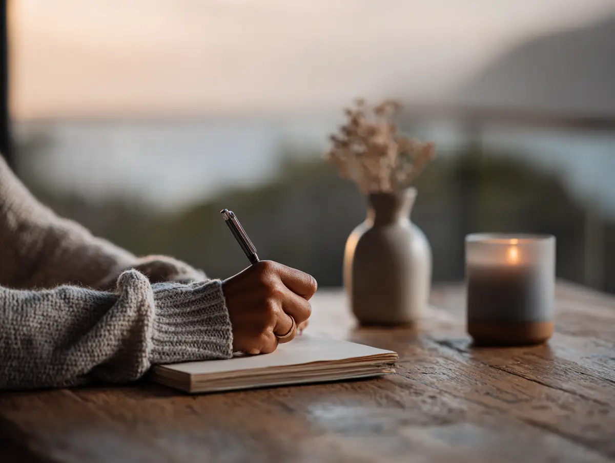 A hand writing in a journal at a wooden table, with a candle and dried flowers, the sea beyond the window.