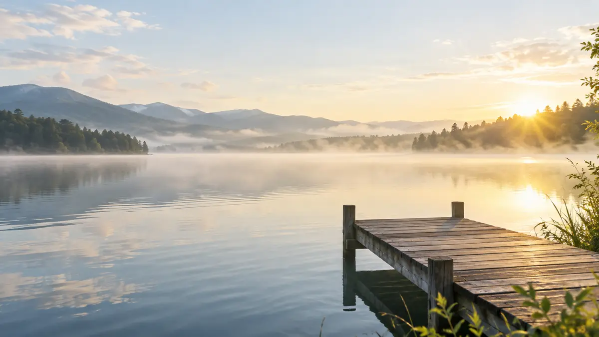 A wooden dock on a misty lake at sunrise, hills in the distance.