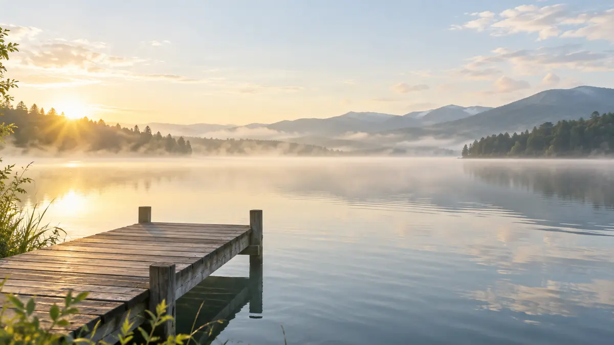 A wooden dock on a still lake at sunrise, mist over the water and hills beyond.
