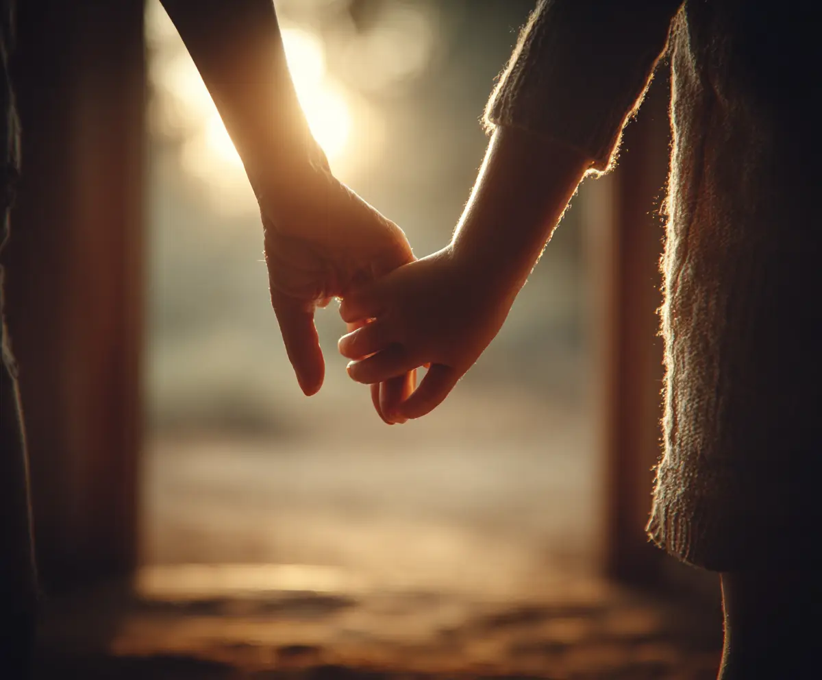 Two hands holding in a doorway filled with warm light.